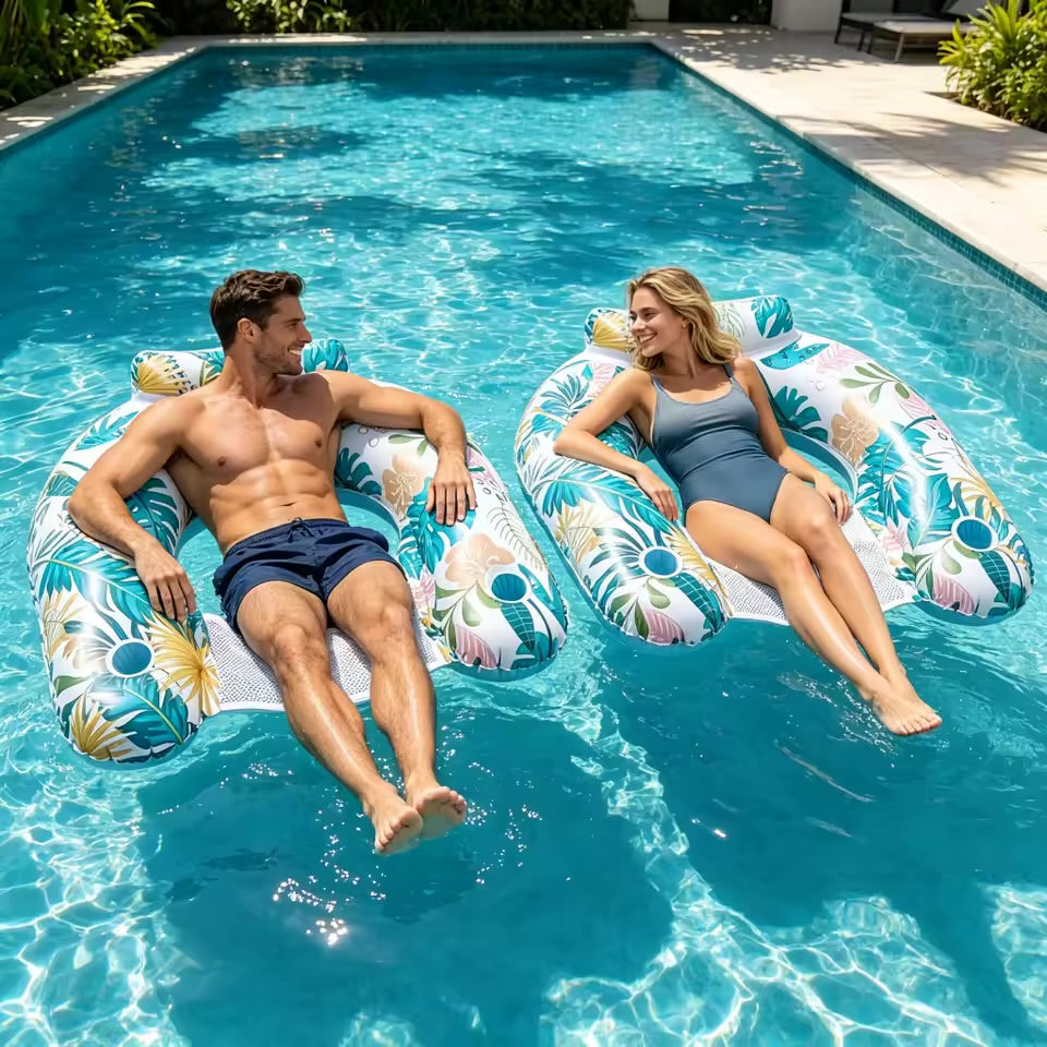 Adult inflatable U-shaped floating chair with cup holder, decorated with a leaf print, perfect for relaxing in the water, the beach and the pool.